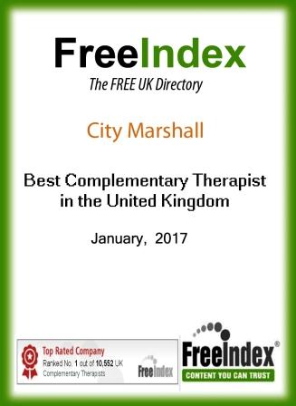certificate showing that City Marshall have been voted best complementary and sports massage therapist in the UK by Freeindex in January 2017