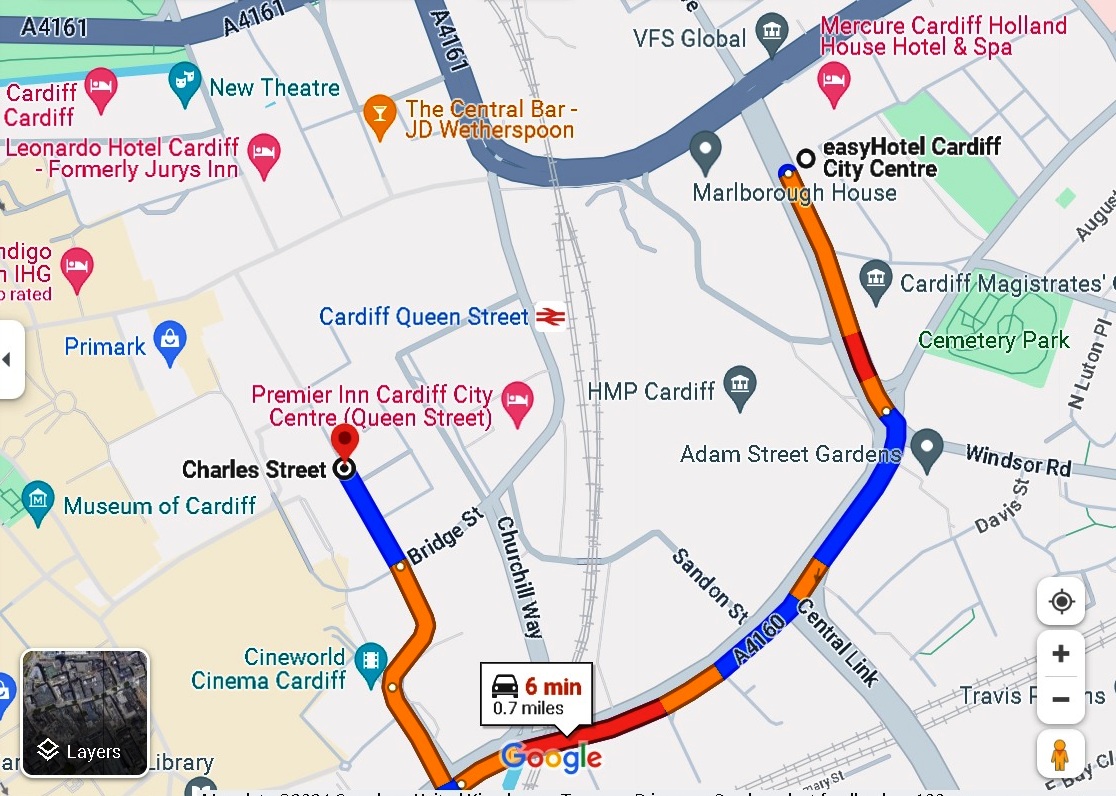 driving instructions to cardiff city centre and Queen street from Newport Road and Dumfries place